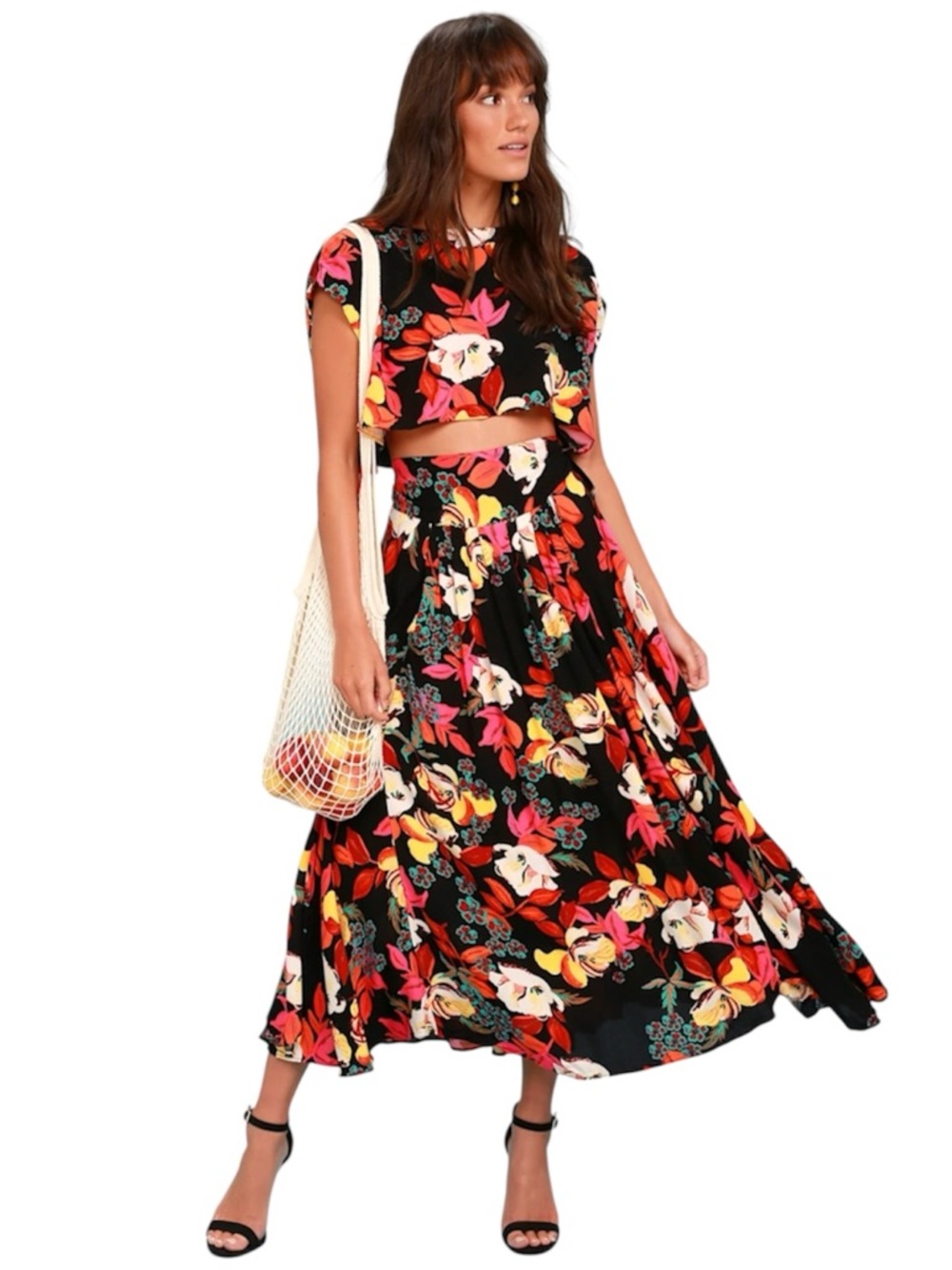 Black Floral Maxi Skirt - Vibrant Tropical Print